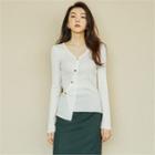 Diagonal-buttoned Rib-knit Cardigan