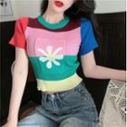 Short-sleeve Color Block Floral Knit Top As Shown In Figure - One Size