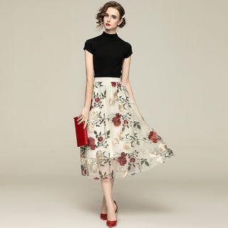 Set: Short-sleeve Knit Top + Floral Embroidered Mesh Midi A-line Skirt