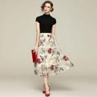 Set: Short-sleeve Knit Top + Floral Embroidered Mesh Midi A-line Skirt