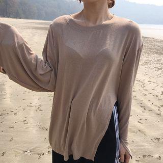 Long Sleeve Plain Slit-side T-shirt