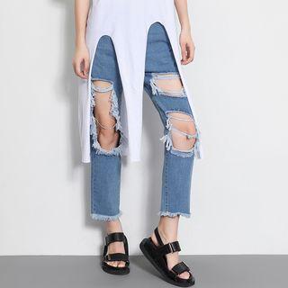 Cut-out Distressed Cropped Jeans