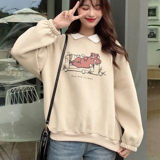Collared Bear Print Long-sleeve Sweatshirt