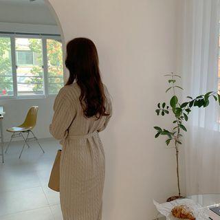 Buttoned Slit-side Cable-knit Dress With Sash Gray - One Size