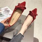 Studded Bow-accent Pointed Faux Suede Flats
