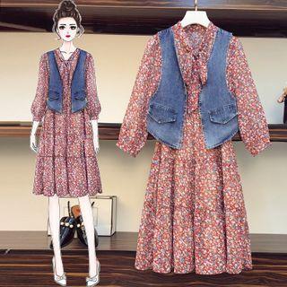 Set: Long-sleeve Tie-neck Midi A-line Dress + Denim Vest