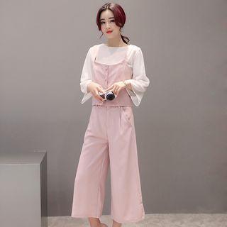 Set: Bell-sleeve Top + Strap Top + Wide Leg Pants