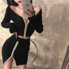 Color-block Off-shoulder Long-sleeve Crop Top / Mini Skirt