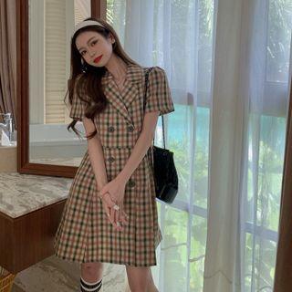 Short-sleeve Plaid Double Breasted Dress Plaid - Green & Khaki - One Size