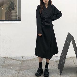 Set: Notch Lapel Midi Coat Dress + Belt Bag