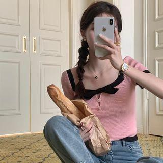 Contrast-trim Crop Knit Top Pink And Black - One Size