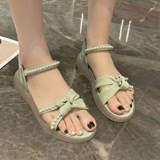 Platform Faux Pearl Knotted Ankle Strap Sandals