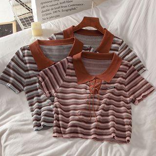 Short-sleeve Striped Lace-up Cropped T-shirt
