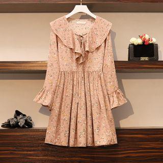 Flared-cuff Floral Print Ruffled A-line Dress