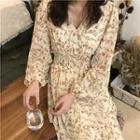 Floral Print Long-sleeve Asymmetric A-line Dress