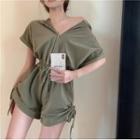 Half-zipper Drawstring-side Hooded Playsuit