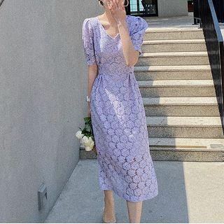 V Collar Lace Floral Dress