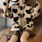 Heart Pattern Fleece Sweatshirt Almond&black - One Size