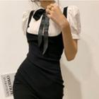 Mock Two-piece Puff-sleeve Mini Bodycon Dress