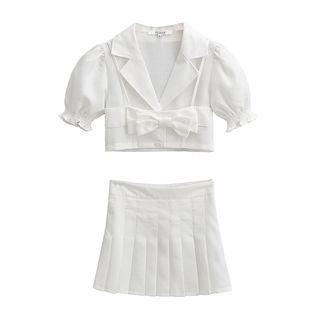 Short-sleeve Bow Accent Crop Shirt / Mini Pleated Skirt