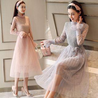 Frilled Trim Lace Panel Pleated Mesh Midi Dress