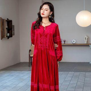 Puff-sleeve Velvet Midi Tunic Dress