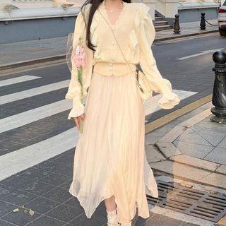 Ruffle Cardigan / Asymmetrical Midi A-line Skirt
