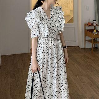 Short-sleeve Dotted Ruffle Maxi A-line Dress