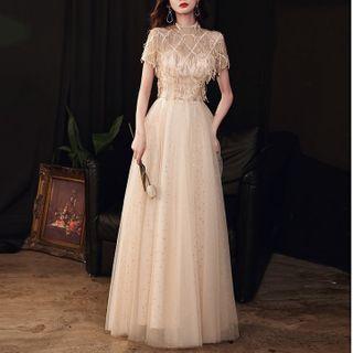 Short Sleeve Mock Neck Sequined Mesh Evening Gown