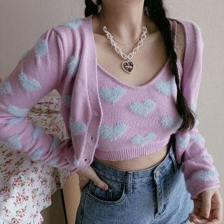 Jacquard Cardigan / Spaghetti Strap Knit Top