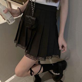 Pleated Lace Trim Mini A-line Skirt