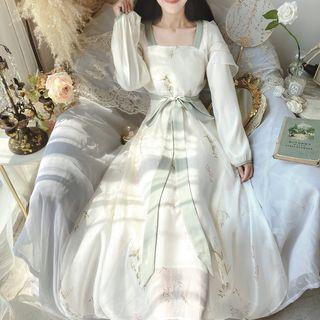 Long-sleeve Square-neck Embroidered Maxi A-line Dress