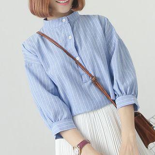 Pinstriped 3/4-sleeve Stand Collar Shirt