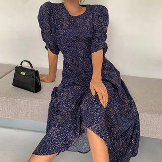 Shirred-sleeve Tie-waist Maxi Leopard Dress