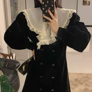 Lace Trim Sailor Collar Double-breasted A-line Blazer Dress White & Black - One Size