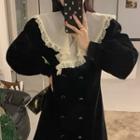 Lace Trim Sailor Collar Double-breasted A-line Blazer Dress White & Black - One Size