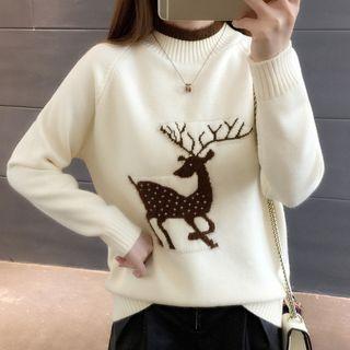Mock Neck Deer Print Sweater