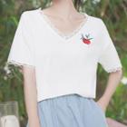 Lace Trim Short-sleeve Flower Embroidered T-shirt