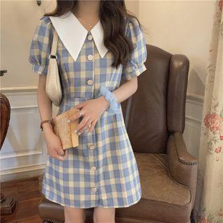 Short-sleeve Plaid Button-up Mini Dress Blue - One Size
