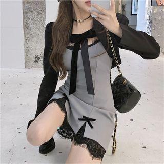 Cropped Jacket / Spaghetti Strap Mini A-line Dress