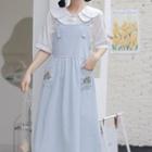 Embroidered Denim Midi A-line Overall Dress / Elbow-sleeve Collar Blouse