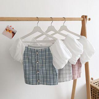 Plaid Panel Puff-sleeve Crop Top