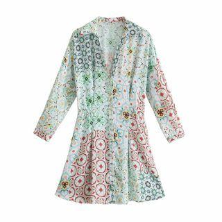 Long-sleeve Print Mini A-line Shirtdress