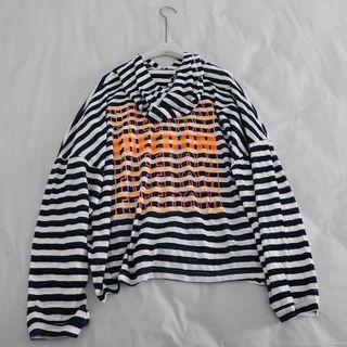 Puff-sleeve Hooded Striped T-shirt