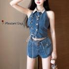 Denim Lace-up Crop Tank Top / Hot Pants