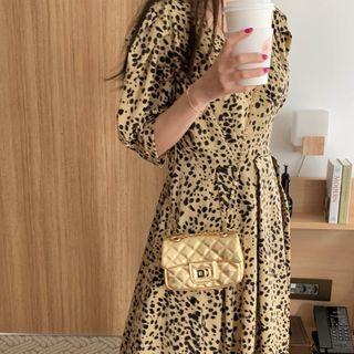 3/4-sleeve V-neck Leopard Print Midi A-line Dress Yellow - One Size