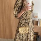 3/4-sleeve V-neck Leopard Print Midi A-line Dress Yellow - One Size
