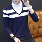 Mock Two-piece Long-sleeve Collared T-shirt