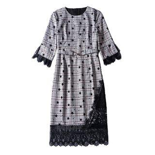 Elbow-sleeve Star-print Lace Trim A-line Dress