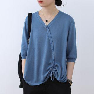 Elbow-sleeve Buttoned Drawcord Knit Top